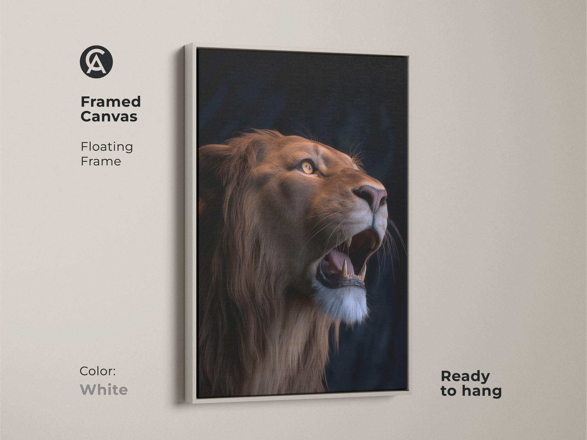 Framed canvas artwork of a photorealistic lion with a white floating frame. This wildlife animal art is ready to hang. The orange and yellow lion art complements any space. A perfect birthday present art for those who appreciate nature wildlife decor.