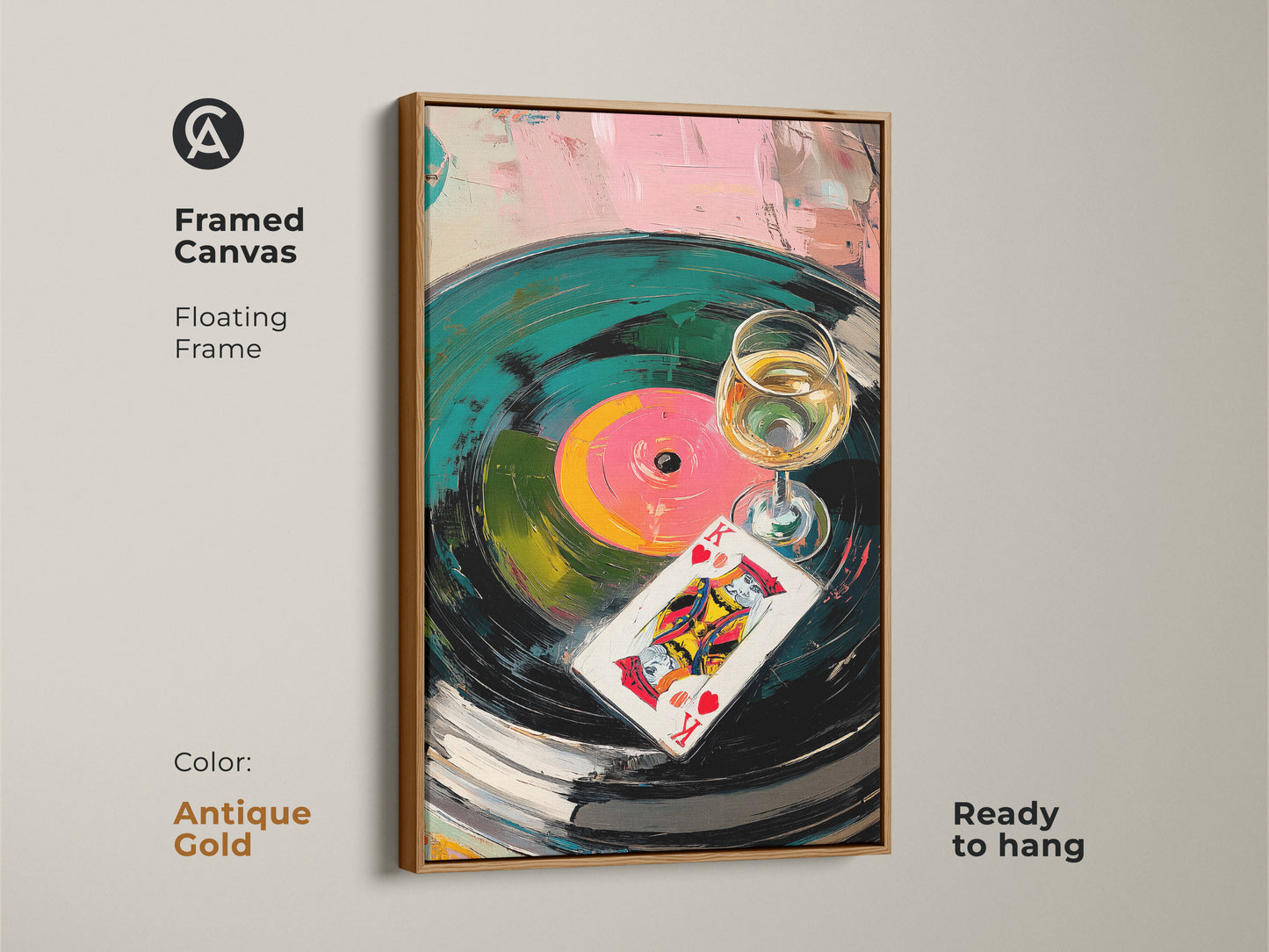 Framed canvas with floating frame showcases abstract vinyl record art. The antique gold frame highlights the teal and pink tones. King of Hearts card print adds a playful element. This ready-to-hang artwork is perfect for bar or lounge wall decor.
