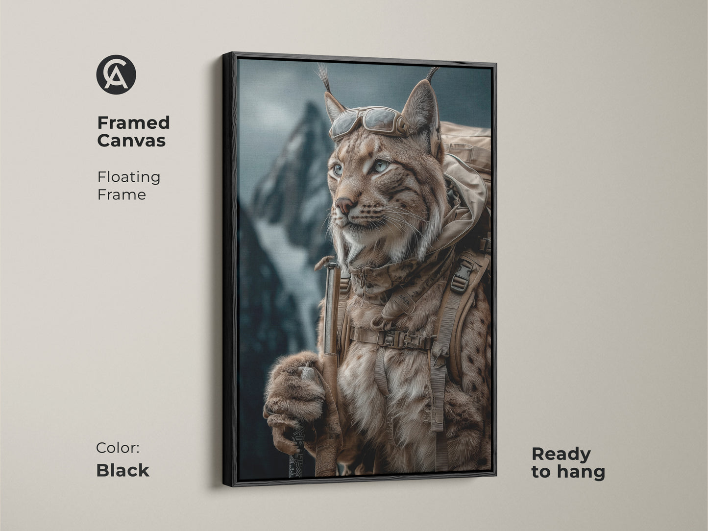 Framed canvas in black featuring rustic Lynx artwork. The photorealistic lynx is ready to hang. It is dressed for outdoor adventure. Complete with a backpack and goggles. Displayed against a backdrop of majestic mountains. The tan brown teal wildlife artwork is great for the office and home.