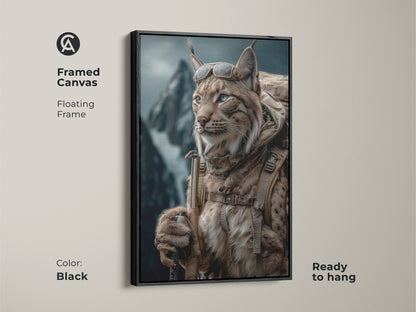 Framed canvas in black featuring rustic Lynx artwork. The photorealistic lynx is ready to hang. It is dressed for outdoor adventure. Complete with a backpack and goggles. Displayed against a backdrop of majestic mountains. The tan brown teal wildlife artwork is great for the office and home.