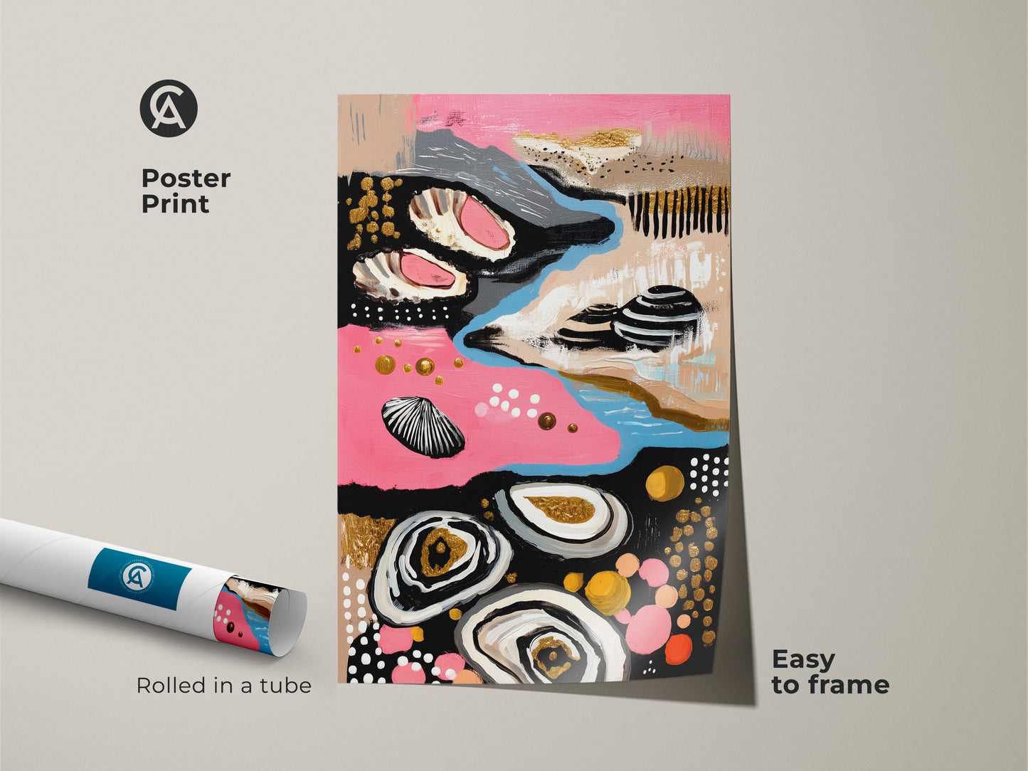 Abstract Oyster Art Print poster ready to frame. Rolled in a tube this boho coastal wall art combines pink blue and gold. Perfect housewarming gift art for beach lovers.