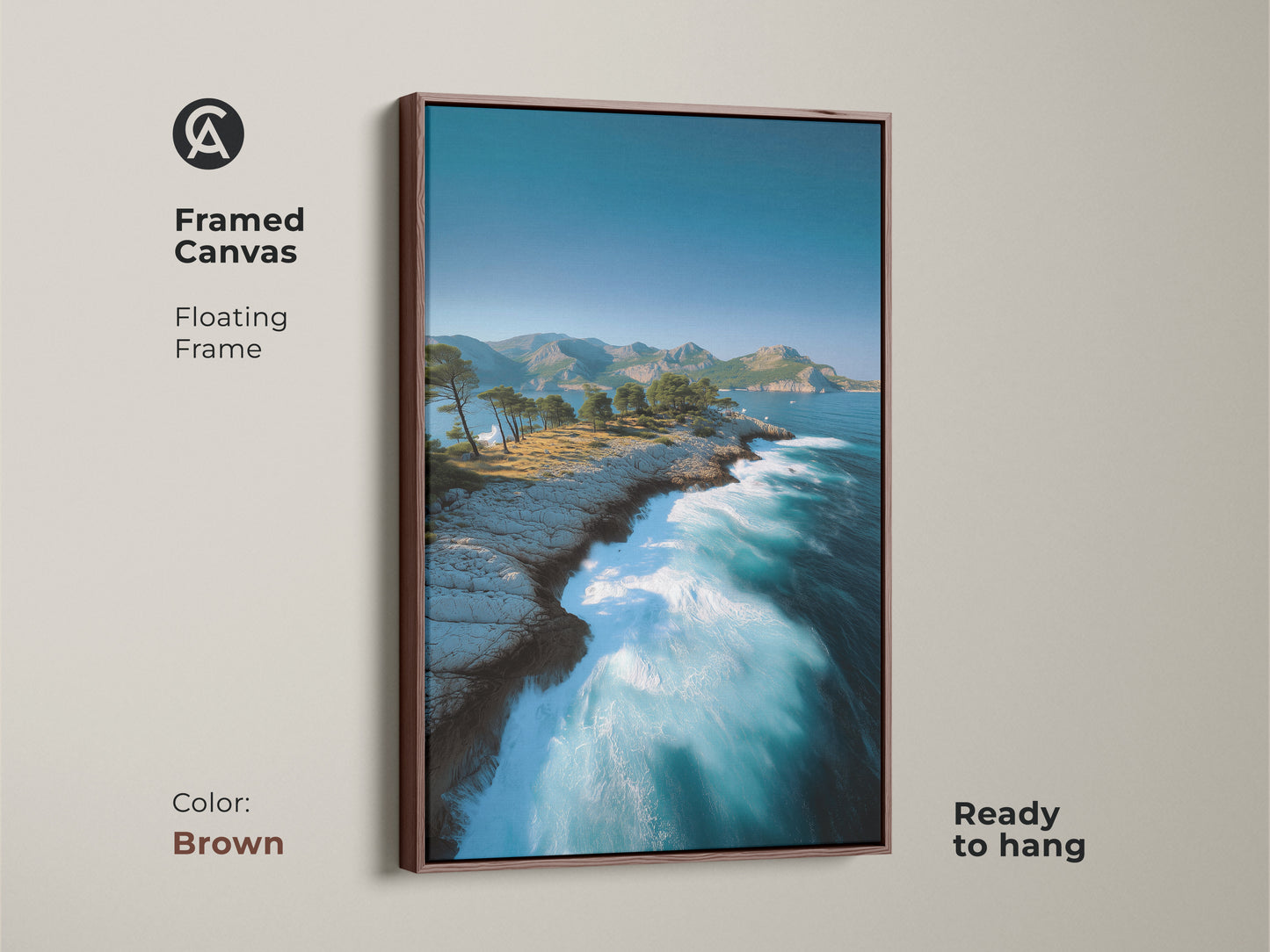 Brown Framed Canvas of Ocean Cliff Art. This floating frame highlights the aqua turquoise ocean art and rocky coast. The nature landscape artwork will enhance any bedroom wall.