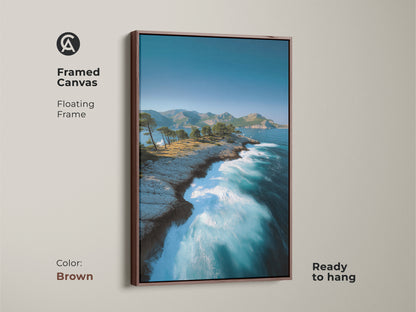 Brown Framed Canvas of Ocean Cliff Art. This floating frame highlights the aqua turquoise ocean art and rocky coast. The nature landscape artwork will enhance any bedroom wall.