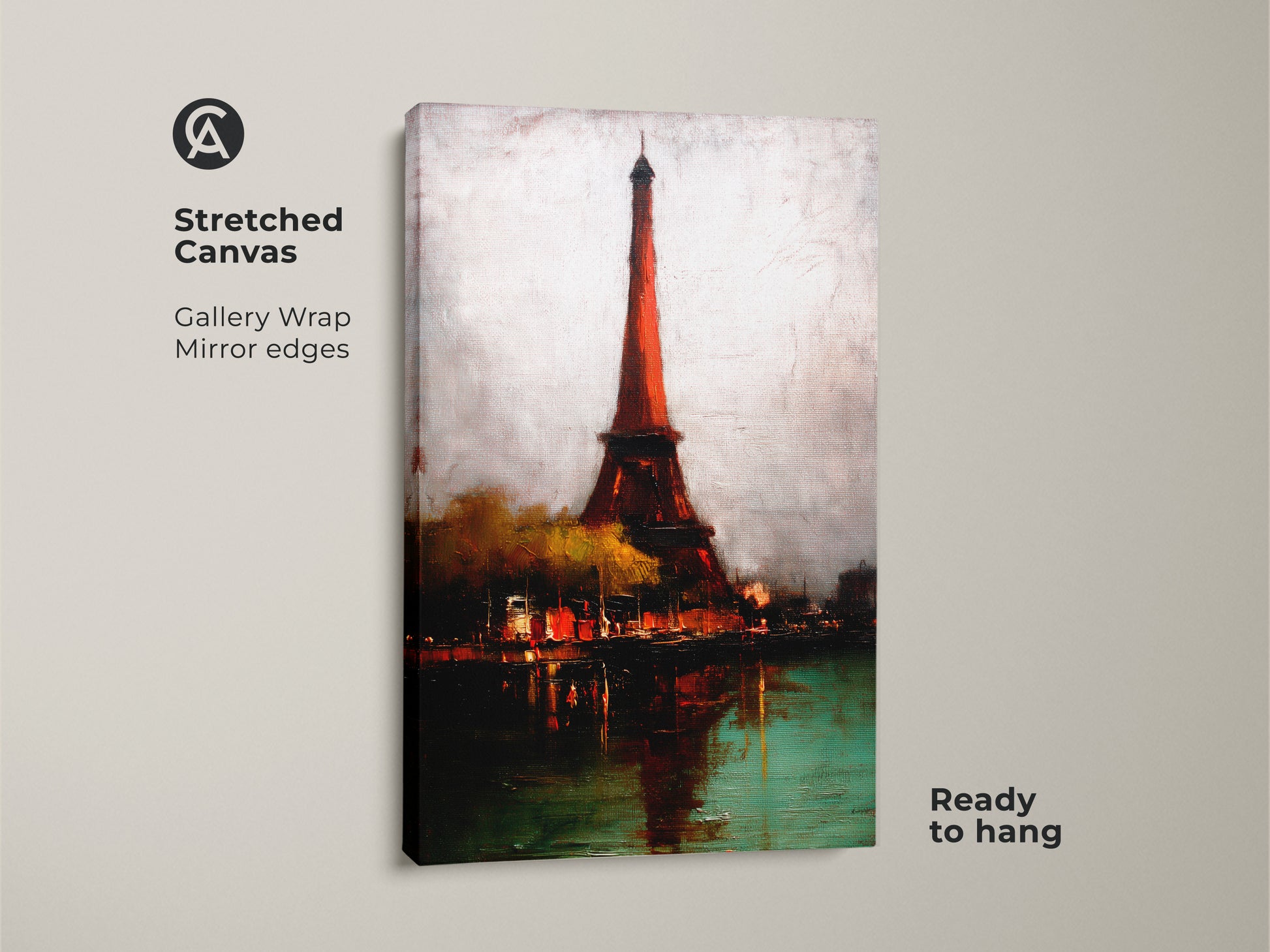Parisian charm in this stretched canvas art featuring the Eiffel Tower. Gallery wrapped with mirrored edges this contemporary art is ready to hang. This Francophile artwork is a unique travel gift.