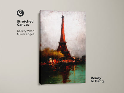 Parisian charm in this stretched canvas art featuring the Eiffel Tower. Gallery wrapped with mirrored edges this contemporary art is ready to hang. This Francophile artwork is a unique travel gift.