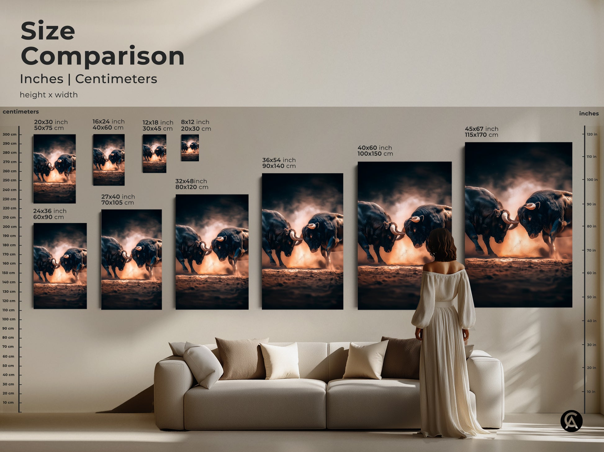 Size comparison of bull fight artwork. See how different sizes look in a living room setting. Choose from canvas or poster prints. Find the ideal artwork size to enhance your home decor.