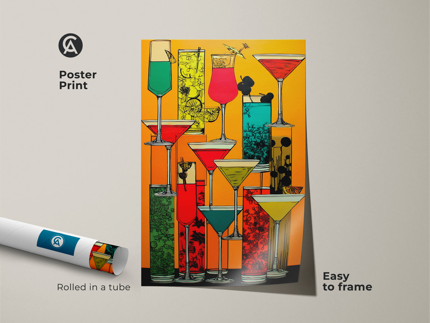 Retro cocktail artwork as a poster print. The art is easy to frame. This modern abstract drink print brings color to any room. It features an eclectic bar area decor with orange yellow and red tones. The rolled poster shows the vibrant cocktail painting.