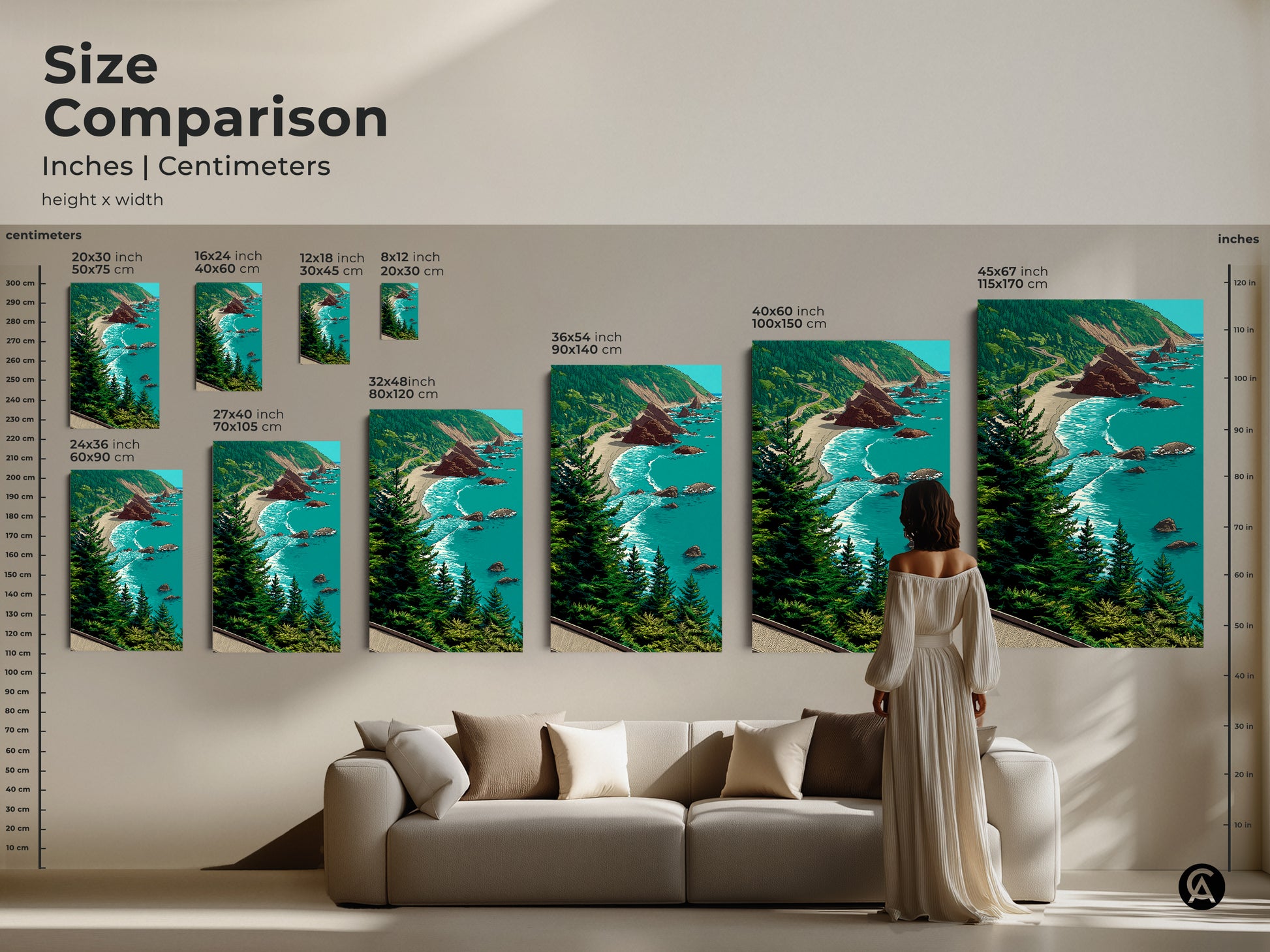 Size comparison of coastal landscape art in inches and centimeters. Ocean beach canvas prints range from small to large. See how rocky shoreline artwork fits above a sofa. Teal blue green art enhances any living space. Perfect for coastal home decor or as a housewarming present. Choose the ideal scenic ocean view canvas for your home.