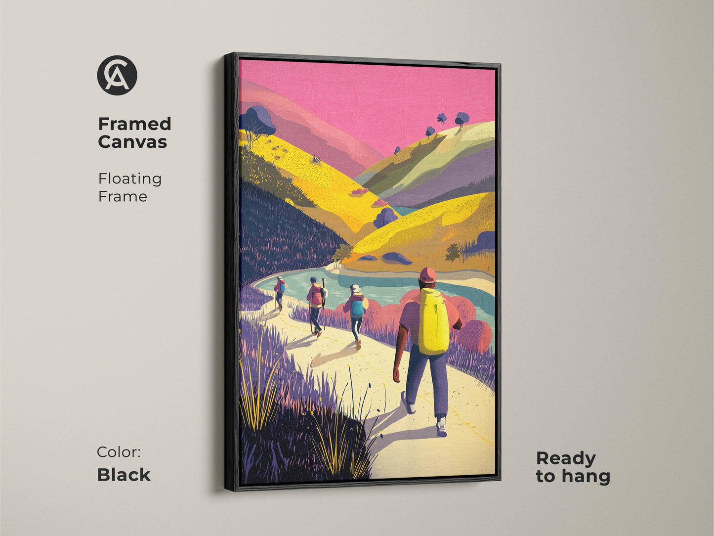 Framed canvas of a mountain landscape with hikers in a black floating frame. This adventure travel print is ready to hang. The pink yellow and green artwork adds a touch of nature to any room. Perfect contemporary landscape for living room bedroom or home office. Ideal gift for hikers and outdoor lovers.