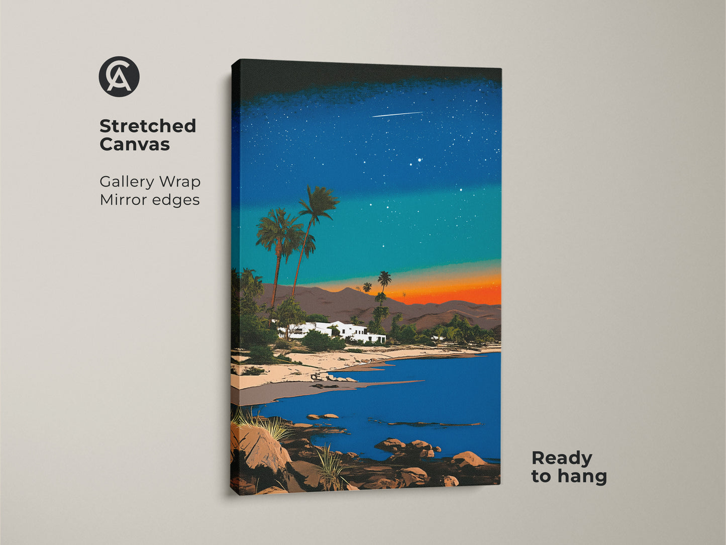 This stretched canvas art features a retro beach house under a starry sky. Synthwave palm tree art ready to hang with gallery wrapped edges. Elevate your home decor with this unique print.