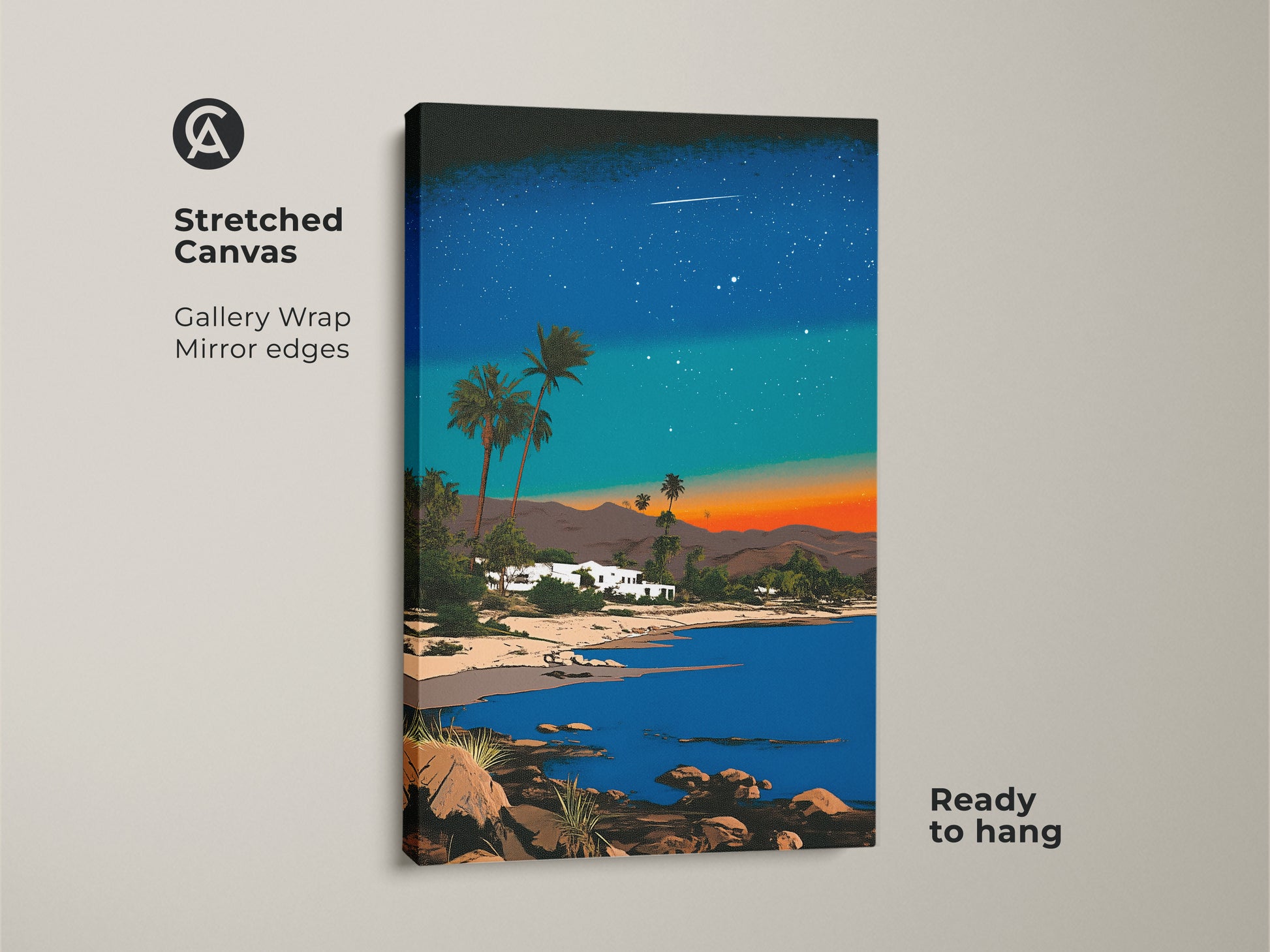 This stretched canvas art features a retro beach house under a starry sky. Synthwave palm tree art ready to hang with gallery wrapped edges. Elevate your home decor with this unique print.