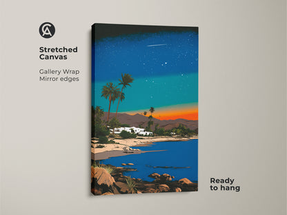 This stretched canvas art features a retro beach house under a starry sky. Synthwave palm tree art ready to hang with gallery wrapped edges. Elevate your home decor with this unique print.