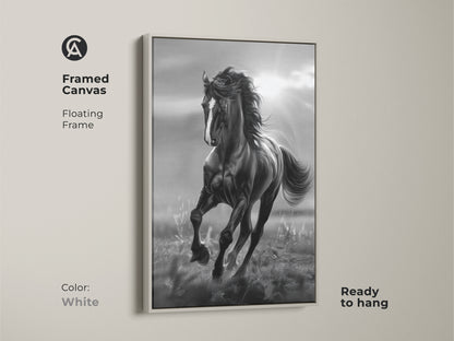 A framed canvas featuring a black and white horse in motion. The horse artwork is ready to hang. It features a modern white floating frame. This elegant piece of animal art adds a sophisticated touch to your wall decor.