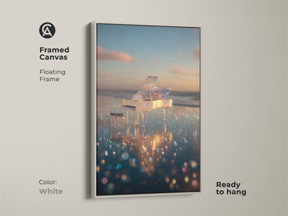 White framed canvas art featuring a crystal piano on a serene beach. The floating frame provides a clean look. The artwork is ready to hang. It brings a calming vibe to any room. This piano art is perfect for minimalist decor. Enhance your space with this beautiful piece today.