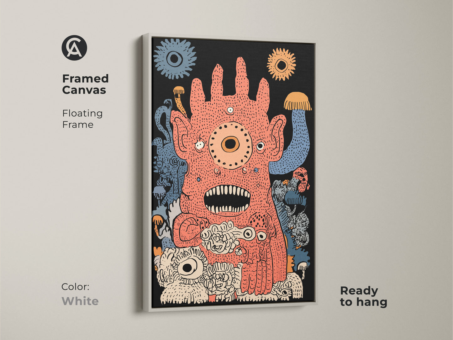 Framed canvas print of quirky creature wall art. This surreal monster art has a floating white frame. It is a unique gift for art lovers. It will add a vibrant creature art to your abstract fantasy decor. Perfect for eclectic home decor.