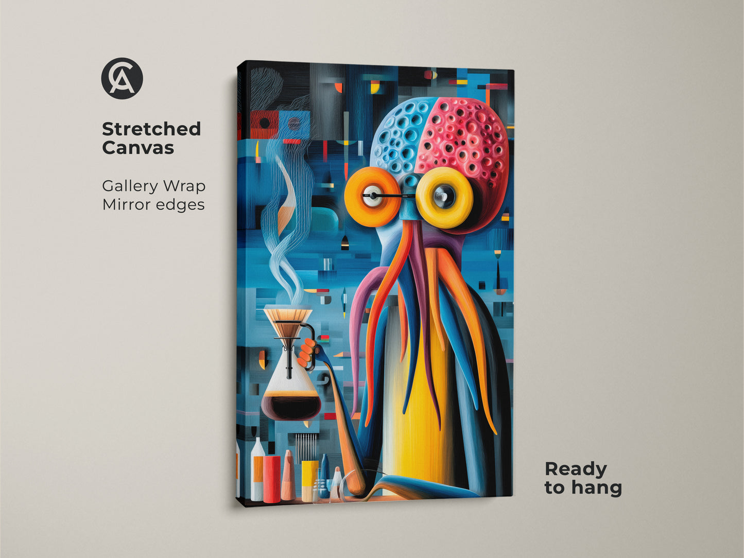 This art print showcases a surreal octopus making coffee. The abstract Cubist style artwork features an octopus using a pour-over. The print is rolled in a tube. This eclectic piece is ideal for kitchen decor. This is a unique gift for coffee lovers. The art adds a vibrant touch to any living space.