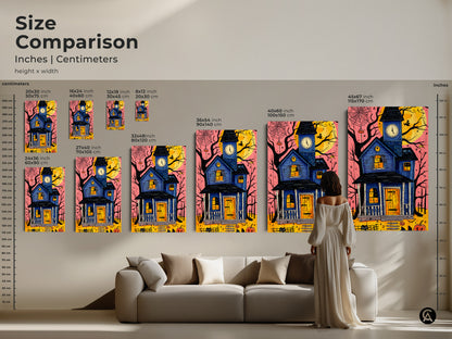 Size comparison of the haunted house canvas art print. See how different sizes fit with furniture. This Halloween wall decor features a black cat and pumpkin. The eclectic blue yellow orange artwork enhances living spaces.
