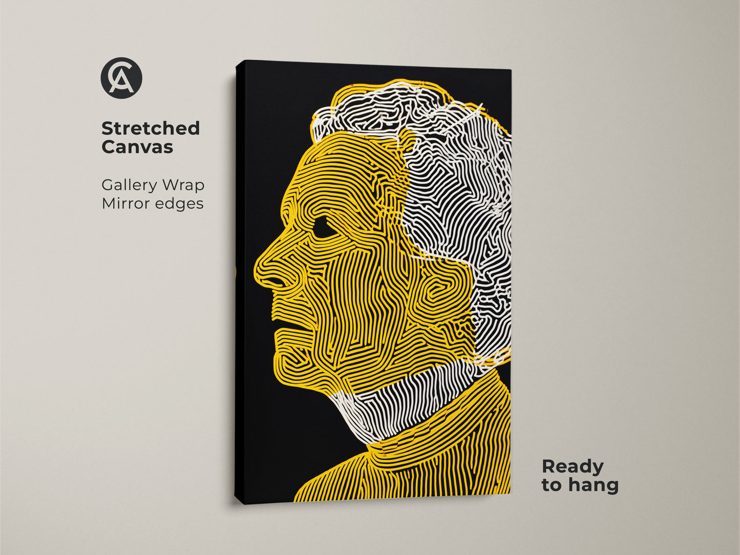 Stretched canvas art print displaying a man's profile. The contemporary artwork uses yellow and white lines on a black backdrop. This gallery-wrapped canvas has mirror edges. It comes ready to hang and enjoy.