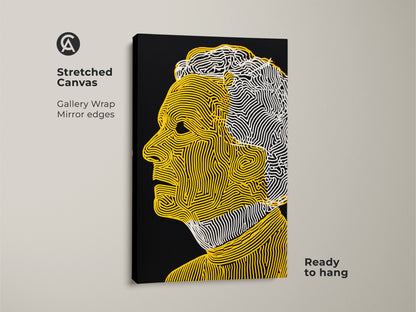 Stretched canvas art print displaying a man's profile. The contemporary artwork uses yellow and white lines on a black backdrop. This gallery-wrapped canvas has mirror edges. It comes ready to hang and enjoy.