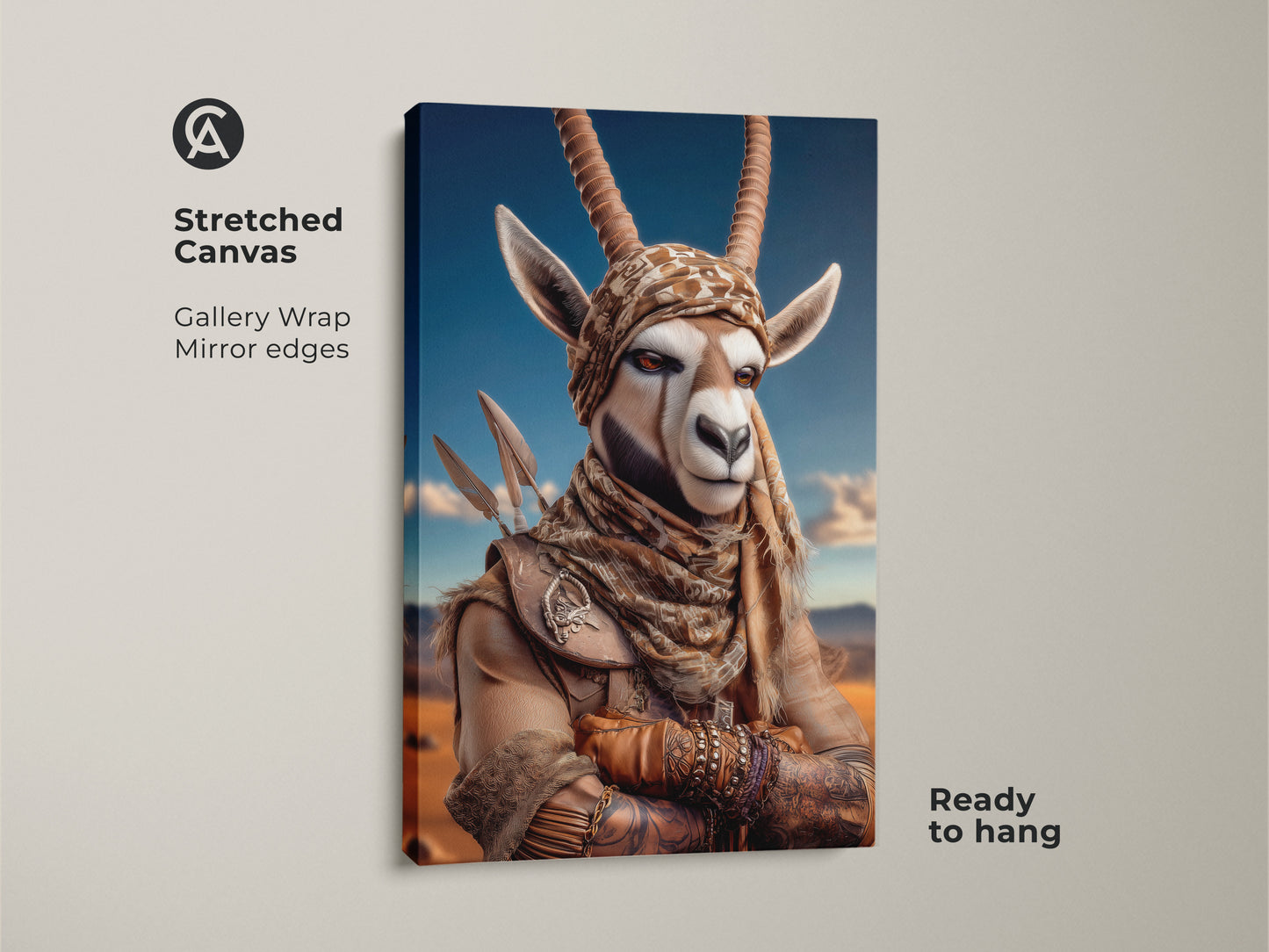 Stretched canvas print of a tribal gazelle. This spiritual warrior wall art adds eclectic home decor to any room. A perfect fantasy animal artwork for your office. Ready to hang gallery wrapped canvas with mirror edges.