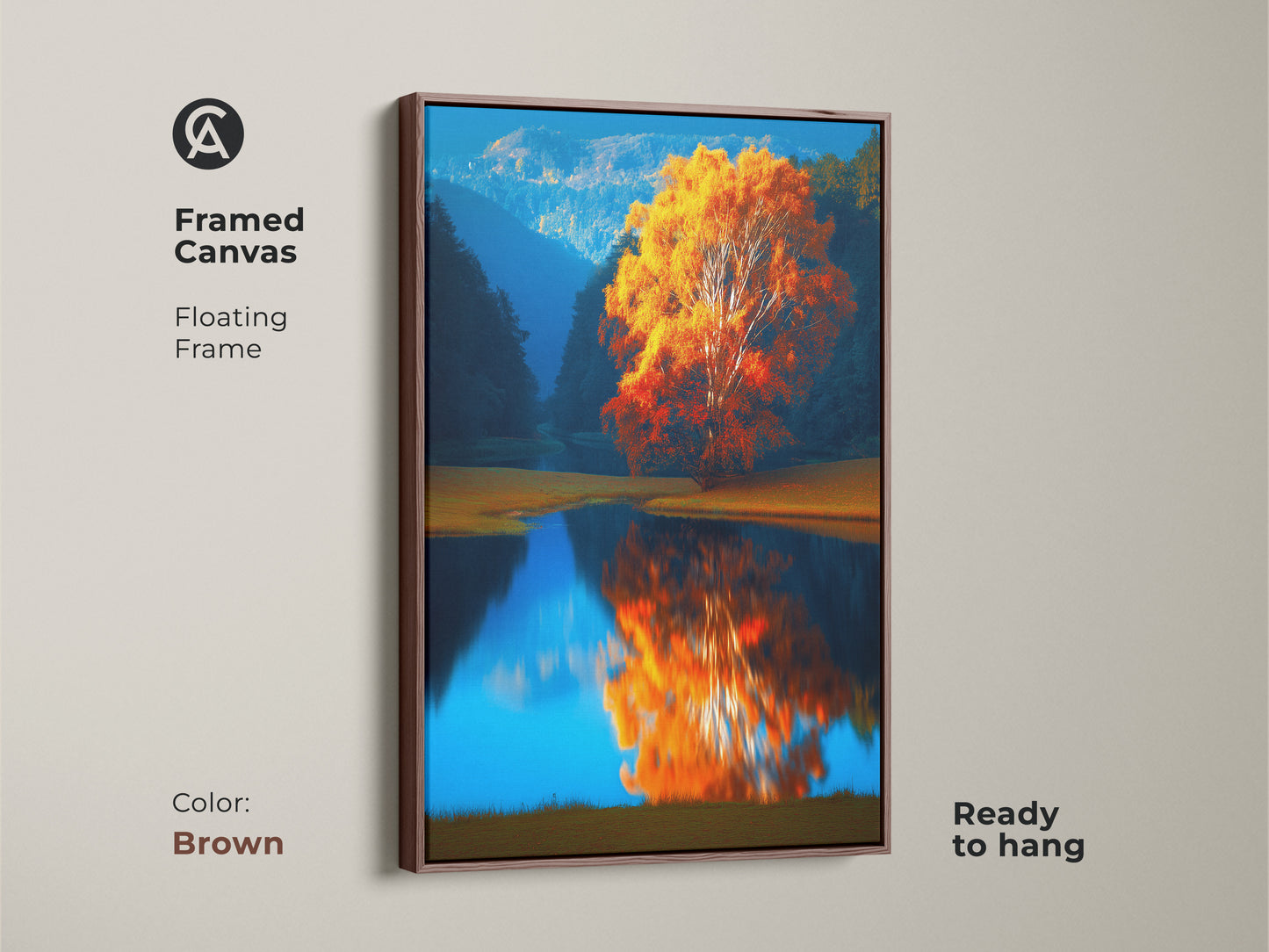 Framed Canvas with brown floating frame featuring Autumn Tree by Lake. Impressionistic landscape wall art with orange yellow hues reflecting on a blue lake. Ready to hang nature-inspired artwork for cozy home decor. Add a touch of fall colors to your living space.