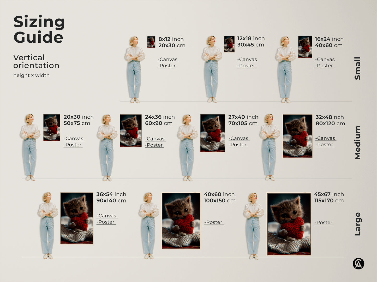Sizing guide shows vertical orientation options for kitten art. Sizes range from small to large. Options include canvas and poster prints. Find the perfect size for your adorable cat lover gift. A red heart art print for any space.