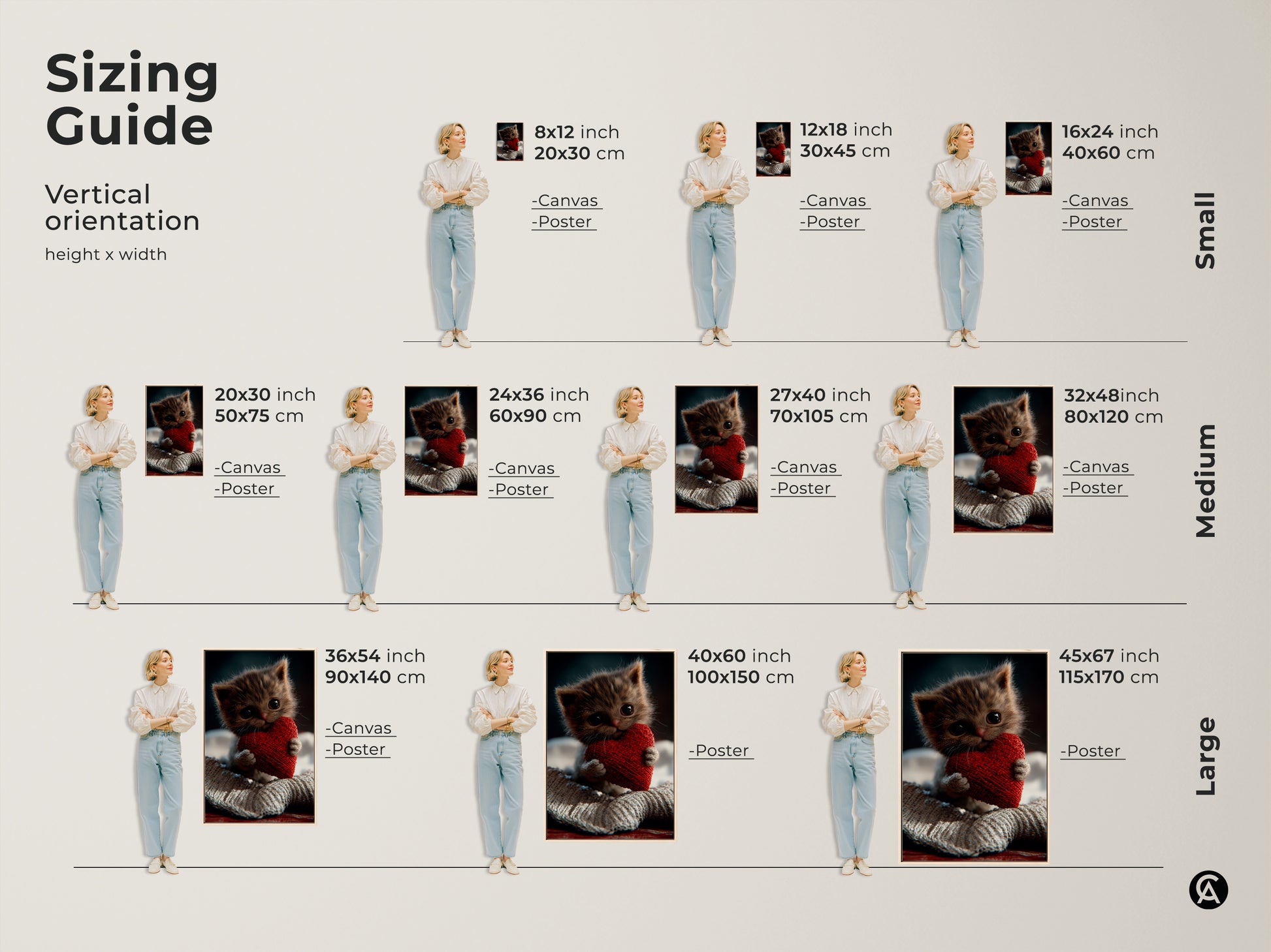 Sizing guide shows vertical orientation options for kitten art. Sizes range from small to large. Options include canvas and poster prints. Find the perfect size for your adorable cat lover gift. A red heart art print for any space.