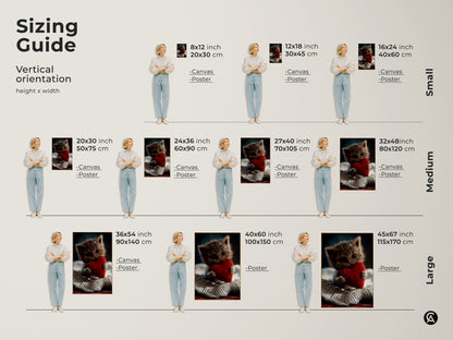 Sizing guide shows vertical orientation options for kitten art. Sizes range from small to large. Options include canvas and poster prints. Find the perfect size for your adorable cat lover gift. A red heart art print for any space.