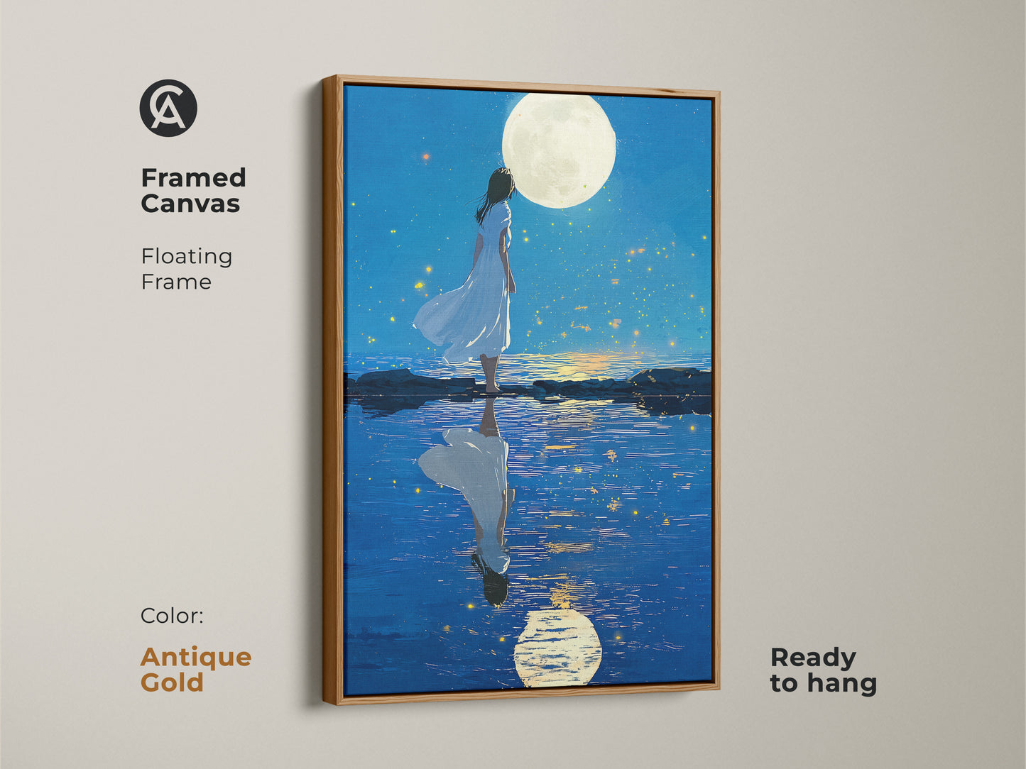 Framed canvas with a celestial theme. Antique gold floating frame. The artwork is ready to hang. It's a perfect piece of fantasy celestial art for your living room.