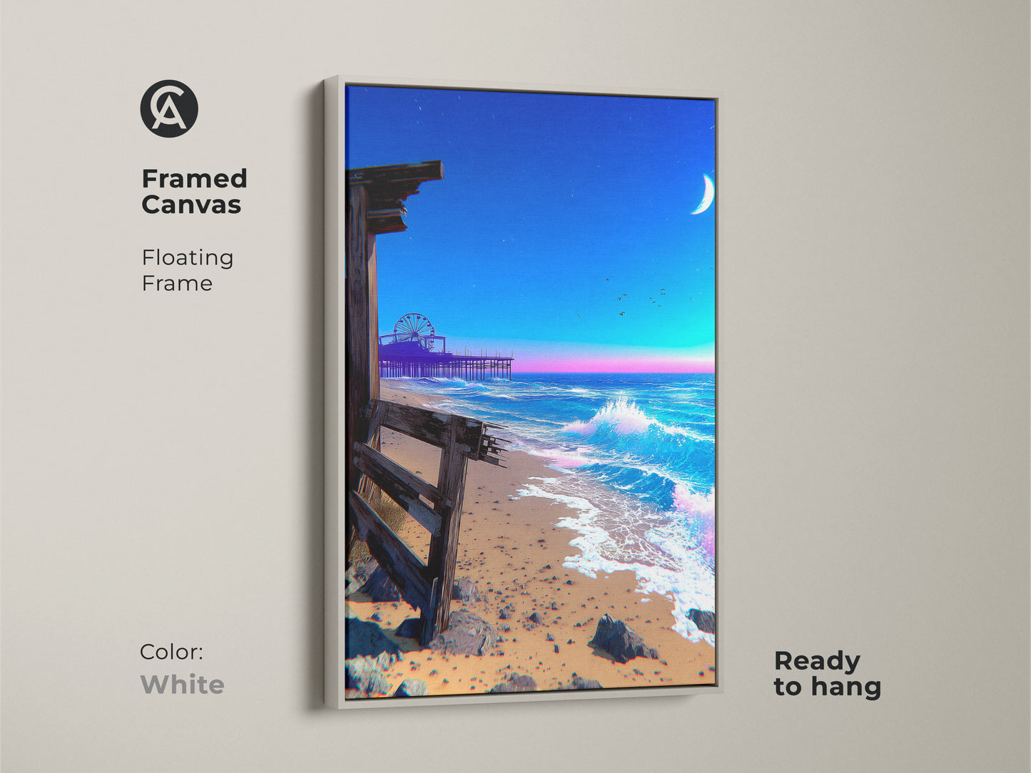 Framed synthwave canvas artwork with a white floating frame. Enjoy this ocean pier canvas print that features a coastal beach scene. Its retro aesthetic will bring a boho feel to any room. Ready to hang.