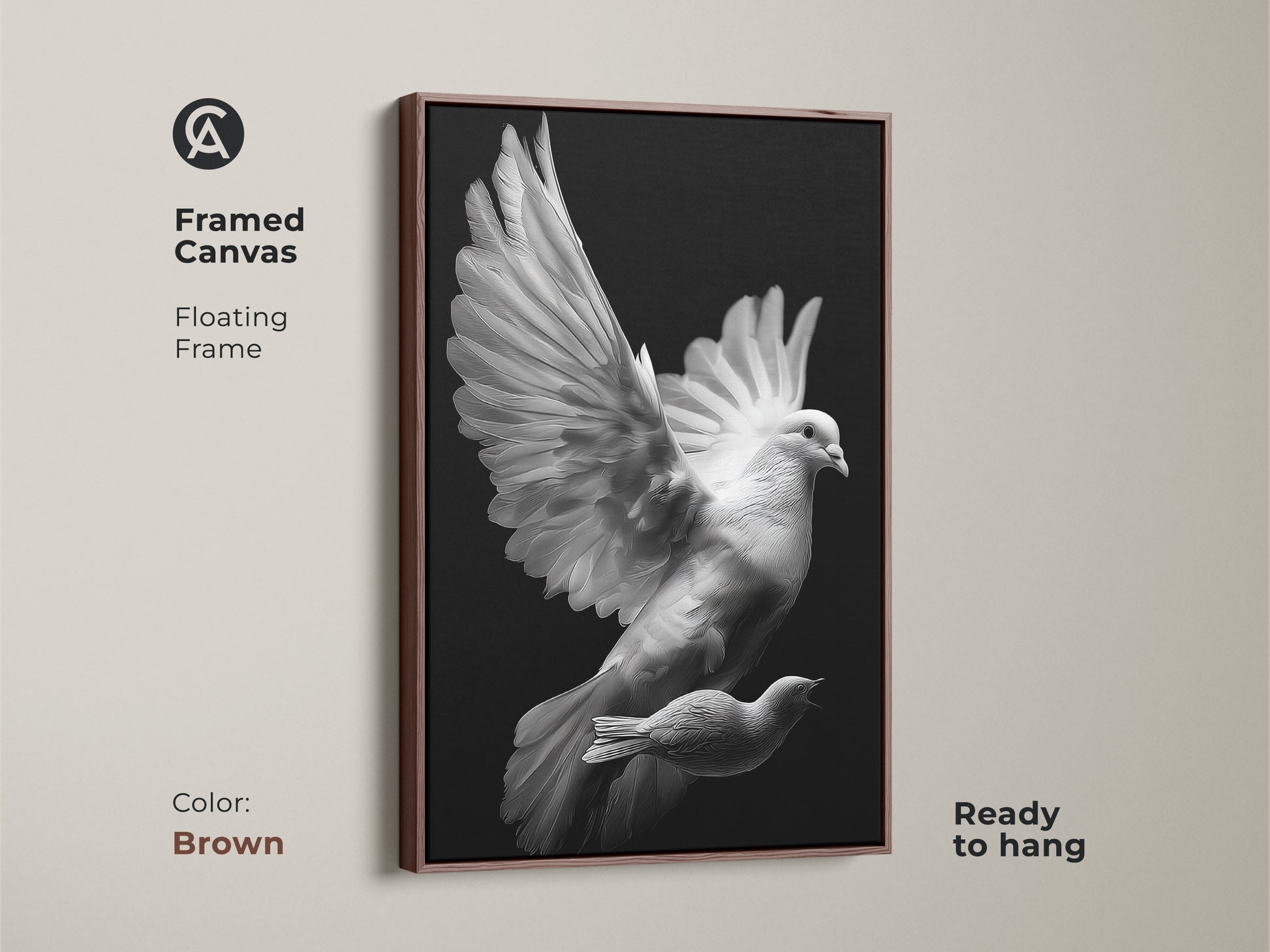 Framed black and white minimalist artwork. The monochrome dove is on canvas. Its a spiritual gift for friend. The bird print offers peaceful home office decor. An abstract bird wall hanging.