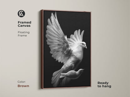Framed black and white minimalist artwork. The monochrome dove is on canvas. Its a spiritual gift for friend. The bird print offers peaceful home office decor. An abstract bird wall hanging.