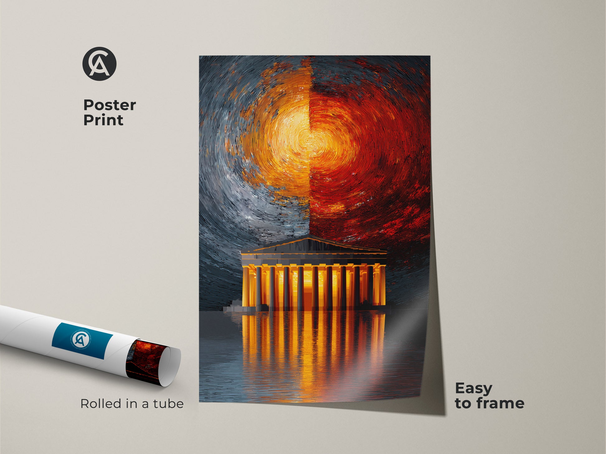 Poster print showcasing abstract Grecian style artwork. Rolled in a tube this contemporary architecture print is easy to frame. Featuring vibrant orange and yellow contrasted by cool blue and grey. It's a modern abstract painting great as housewarming gift art.