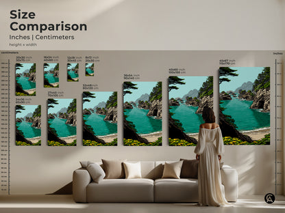 Size comparison of coastal art prints in inches and centimeters. Various sizes of turquoise ocean cliff art displayed above a sofa. This serene landscape art is perfect for adding a bohemian touch to your living space.