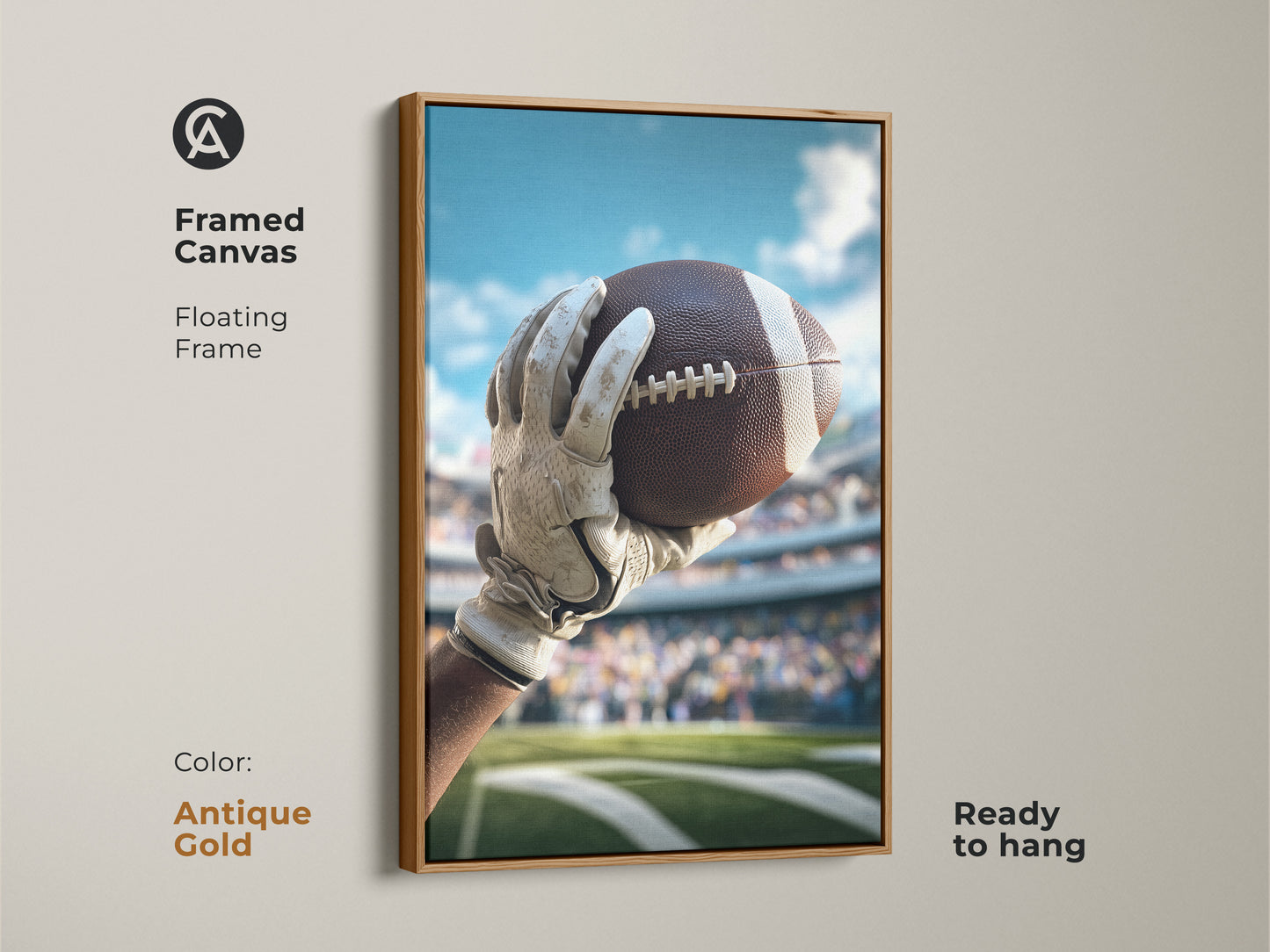 Antique Gold framed canvas featuring realistic American Football artwork. This floating frame adds elegance to the sports art. It makes a great gift for sports fans.