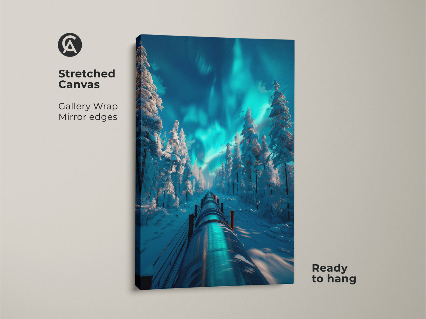Stretched canvas art capturing a serene winter scene. Snow-laden trees frame a pipeline beneath the vibrant Northern Lights. Gallery-wrapped with mirrored edges this piece is ready to hang adding a touch of winter wonderland.