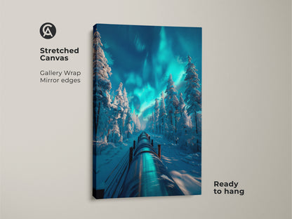 Stretched canvas art capturing a serene winter scene. Snow-laden trees frame a pipeline beneath the vibrant Northern Lights. Gallery-wrapped with mirrored edges this piece is ready to hang adding a touch of winter wonderland.