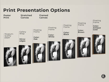 Print presentation options showcasing various formats of the elephant art. Choose from poster print stretched canvas or framed canvas. Floating frames are available in oak white black brown and antique gold. Find the perfect style for your monochrome wildlife decor.