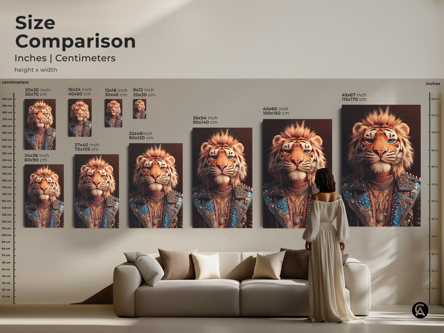 Size comparison of canvas prints in inches and centimeters. Each art piece includes an eclectic tiger rockstar portrait. Sizes range from 20x30 cm to 45x67 inch. A perfect piece of edgy home decor and animal punk art canvas.