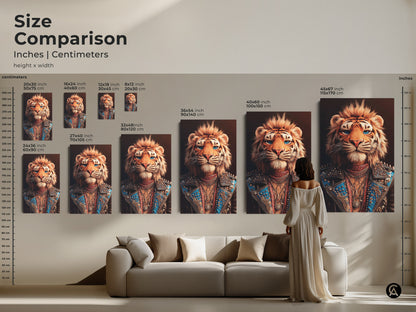 Size comparison of canvas prints in inches and centimeters. Each art piece includes an eclectic tiger rockstar portrait. Sizes range from 20x30 cm to 45x67 inch. A perfect piece of edgy home decor and animal punk art canvas.