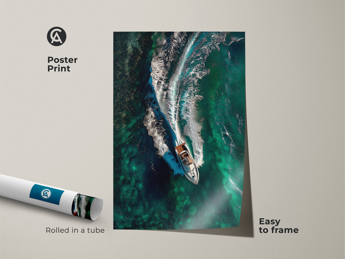 Poster print of teal waves art featuring a speedboat. This easy-to-frame print showcases an aerial boat view. Perfect for those who love the sea and boating. This nautical artwork is a sophisticated home decor.