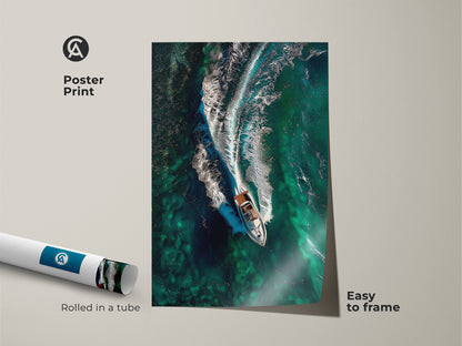 Poster print of teal waves art featuring a speedboat. This easy-to-frame print showcases an aerial boat view. Perfect for those who love the sea and boating. This nautical artwork is a sophisticated home decor.