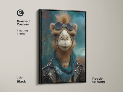 Framed canvas featuring a punk camel in a studded leather jacket. The black floating frame gives it a contemporary touch. This is an edgy animal art canvas ready to hang. Ideal for adding a rebellious spirit to your home decor.