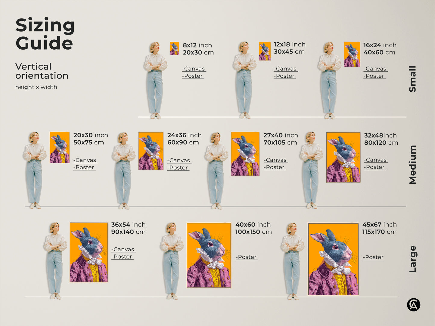 Sizing guide for vertical rabbit artwork. See how the artwork looks in different sizes next to a model. Available as canvas or poster in small medium and large sizes. Find the perfect size.