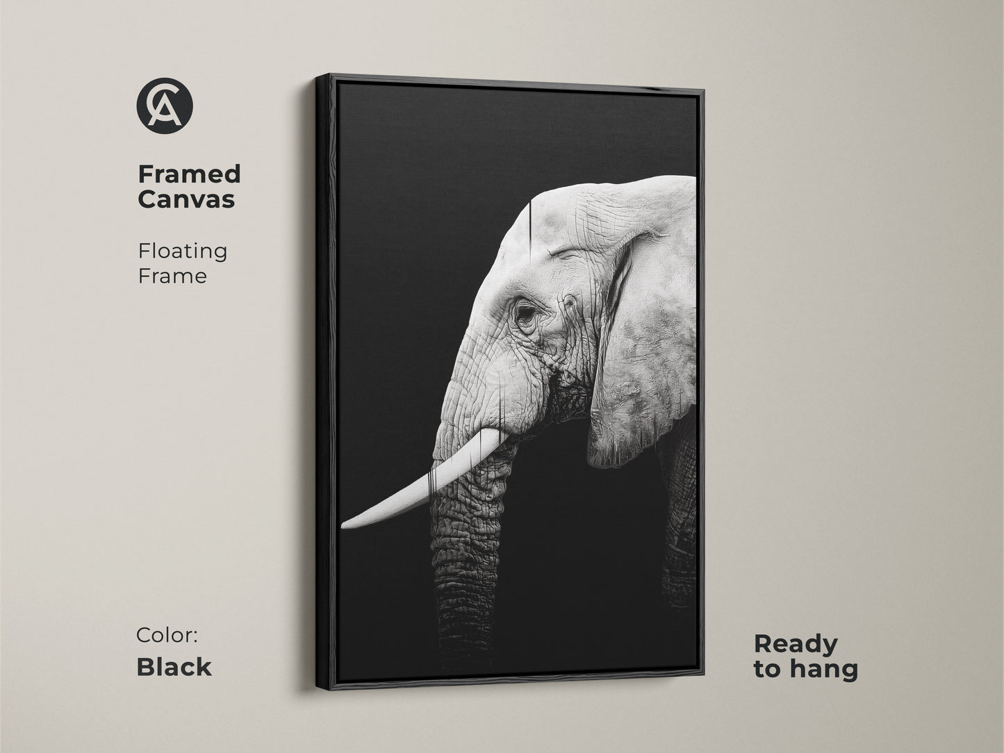 Framed canvas showcases a monochrome elephant. The floating frame adds sophistication and is ready to hang. This black and white artwork brings contemporary style to your space.