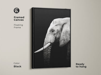 Framed canvas showcases a monochrome elephant. The floating frame adds sophistication and is ready to hang. This black and white artwork brings contemporary style to your space.