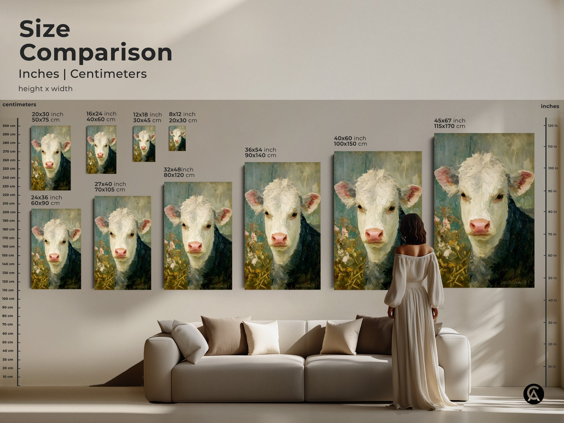 Size comparison of the hereford calf painting in inches and centimeters. See how the fine art print fits above a sofa and choose the perfect size for your space. Available as canvas or poster prints.