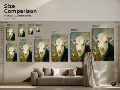 Size comparison of the hereford calf painting in inches and centimeters. See how the fine art print fits above a sofa and choose the perfect size for your space. Available as canvas or poster prints.
