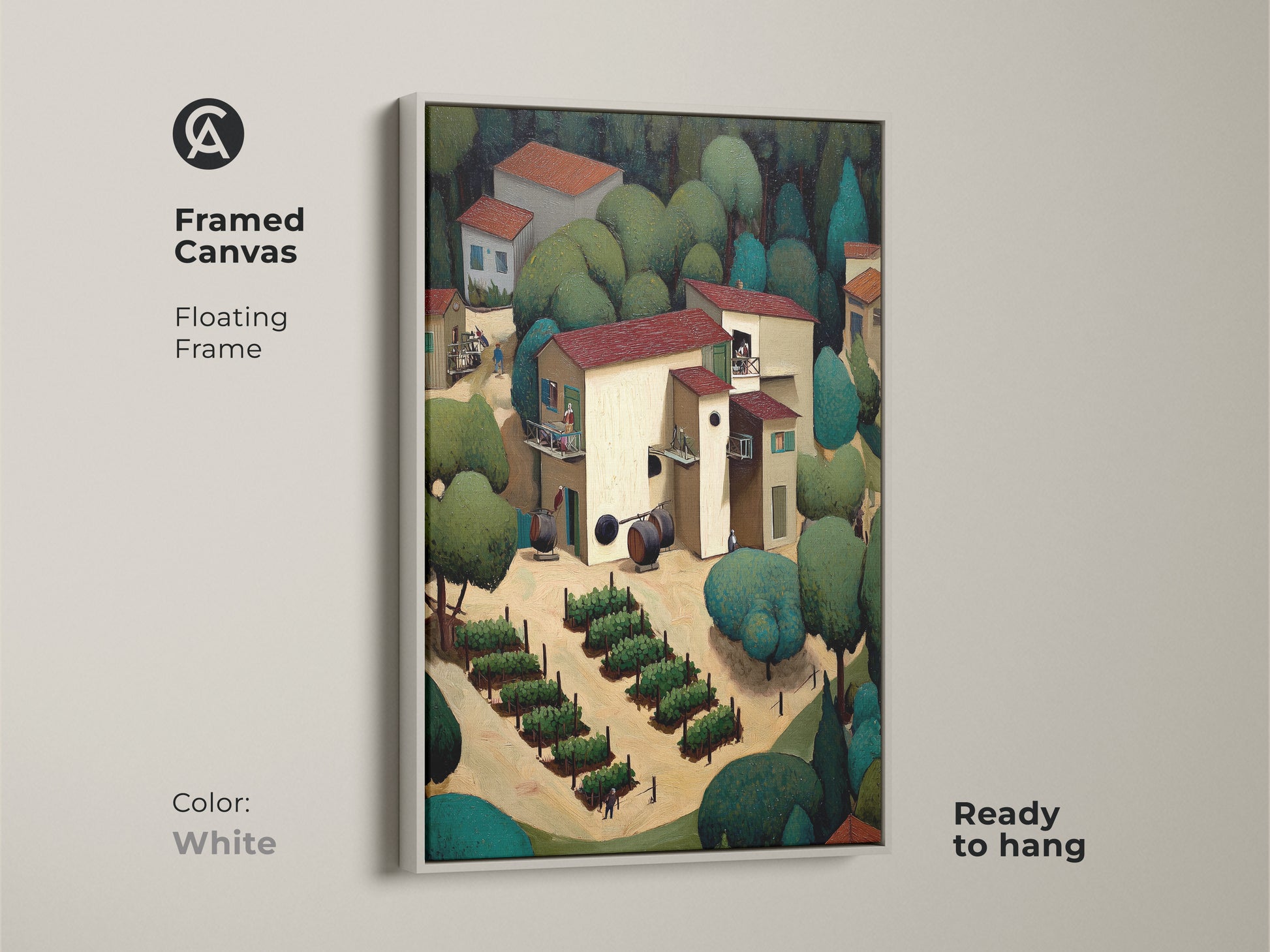 Framed canvas in white showcasing rustic village wall art. The folk art vineyard print has a terracotta green landscape. Naive art shows a countryside scene. Perfect wine lover housewarming gift adds farmhouse kitchen decor. Ready to hang.