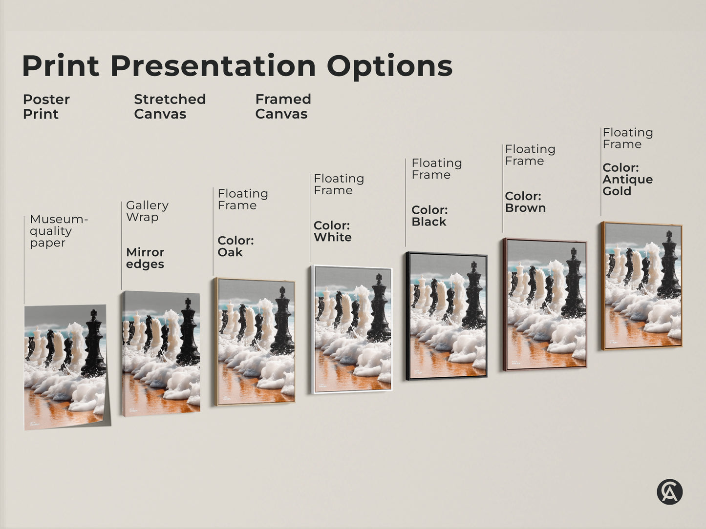 Print presentation options including poster prints stretched canvas and framed canvas. Discover museum-quality paper with gallery-wrapped mirror edges. Frame colors include black brown oak and antique gold. View this abstract chess art.